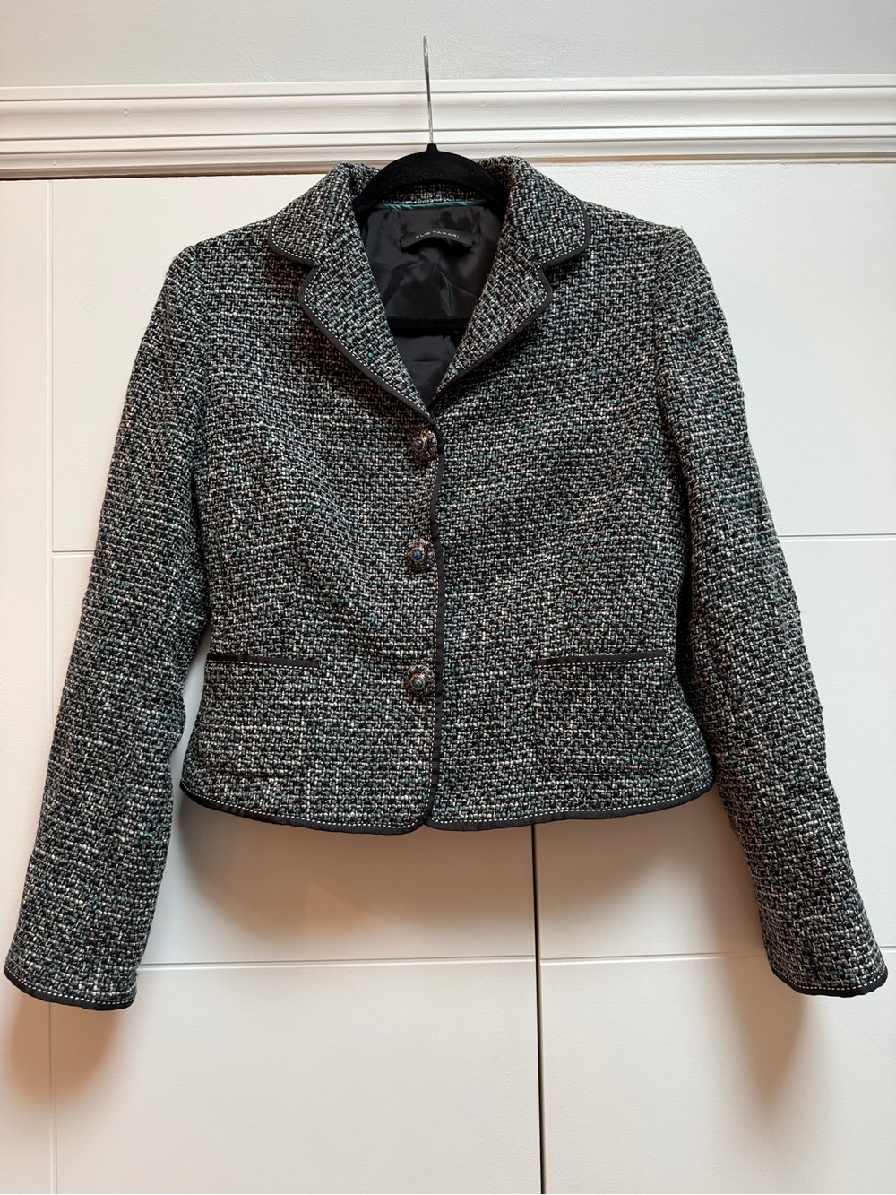 Elie Tahari Tweed Virgin Wool Blend Black Gray Blue Woven Blazer Sz Petite M